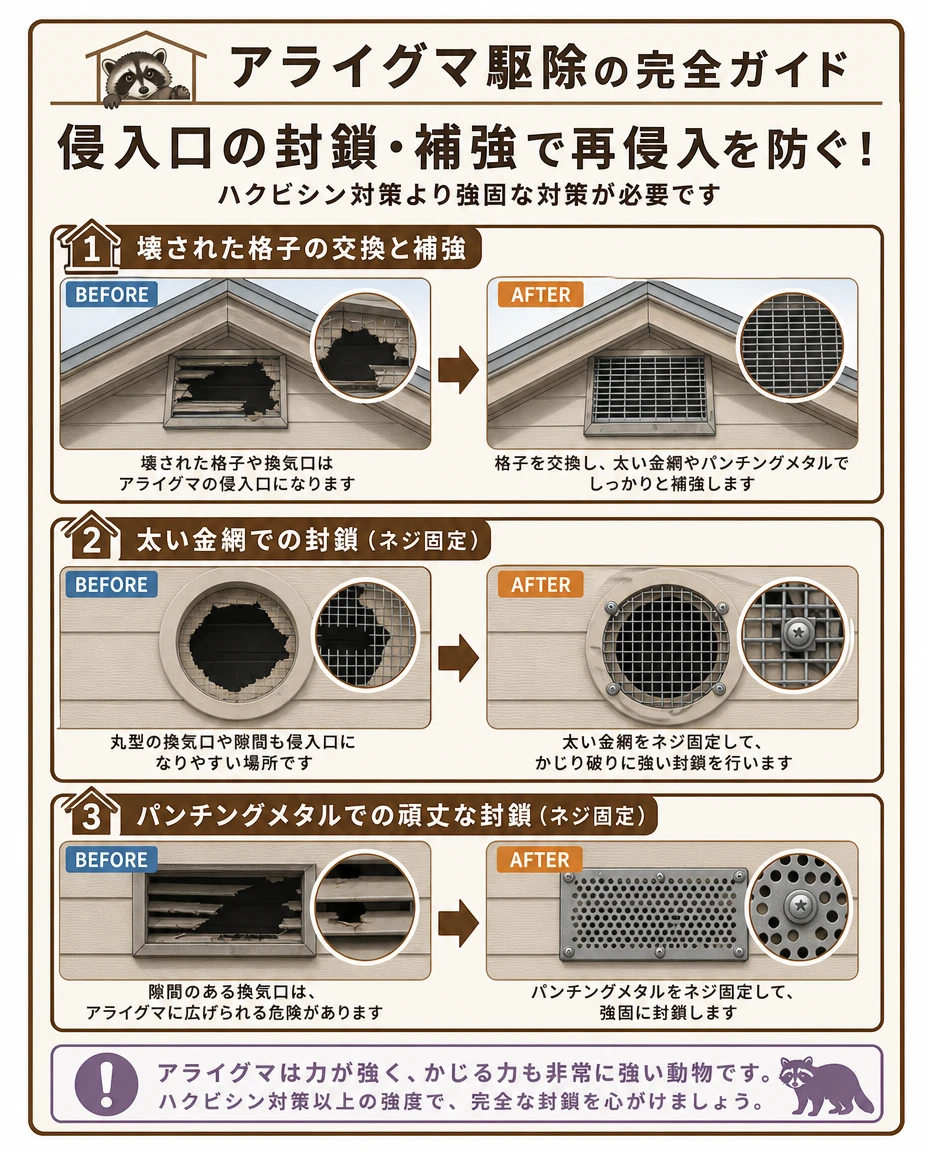 侵入口の封鎖・補強イメージ：壊された格子の交換と補強、太い金網のネジ固定、パンチングメタルのネジ固定の before／after