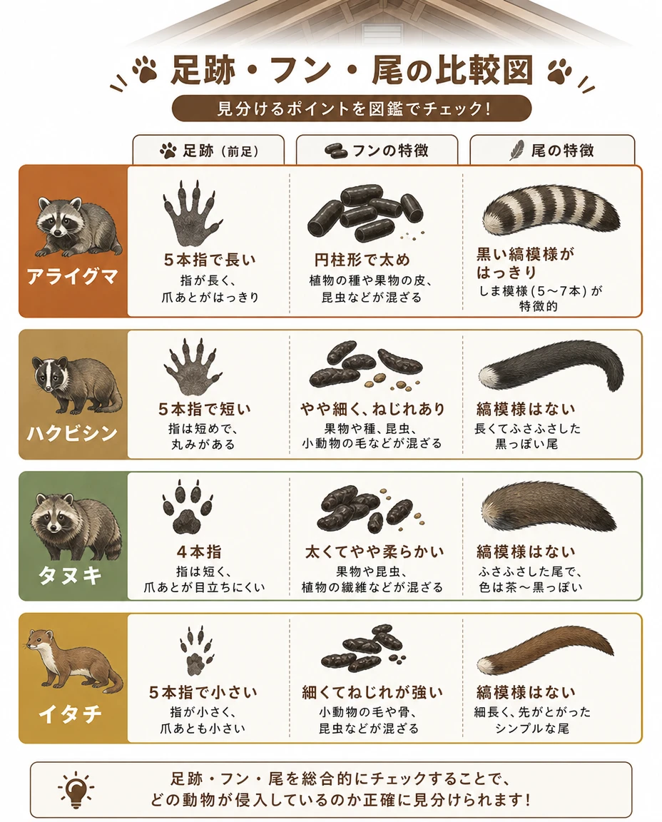 足跡・フン・尾の比較図：アライグマ（5本指で長い足跡・円柱形のフン・黒い縞模様の尾）とハクビシン・タヌキ・イタチの見分け方