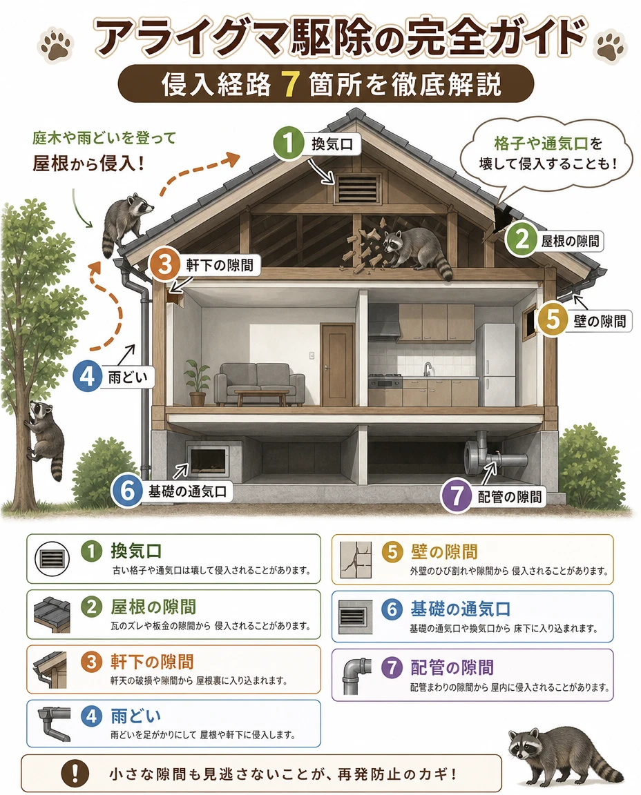 アライグマの侵入経路7か所：①換気口 ②屋根の隙間 ③軒下の隙間 ④雨どい ⑤壁の隙間 ⑥基礎の通気口 ⑦配管の隙間を家の断面図に示した図（庭木や雨どいを登って屋根から侵入）