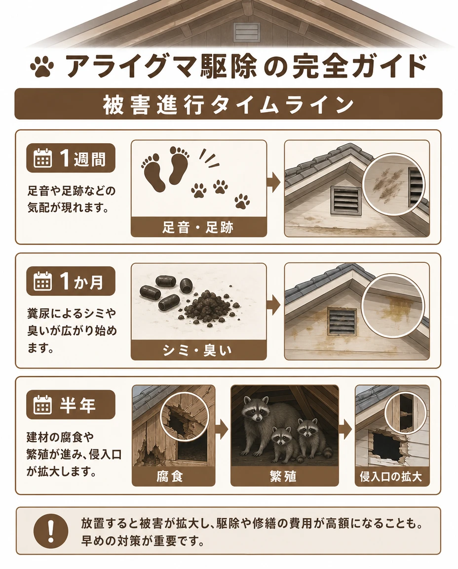 被害進行タイムライン：1週間で足音や足跡、1か月で糞尿のシミや臭い、半年で建材の腐食・繁殖・侵入口の拡大