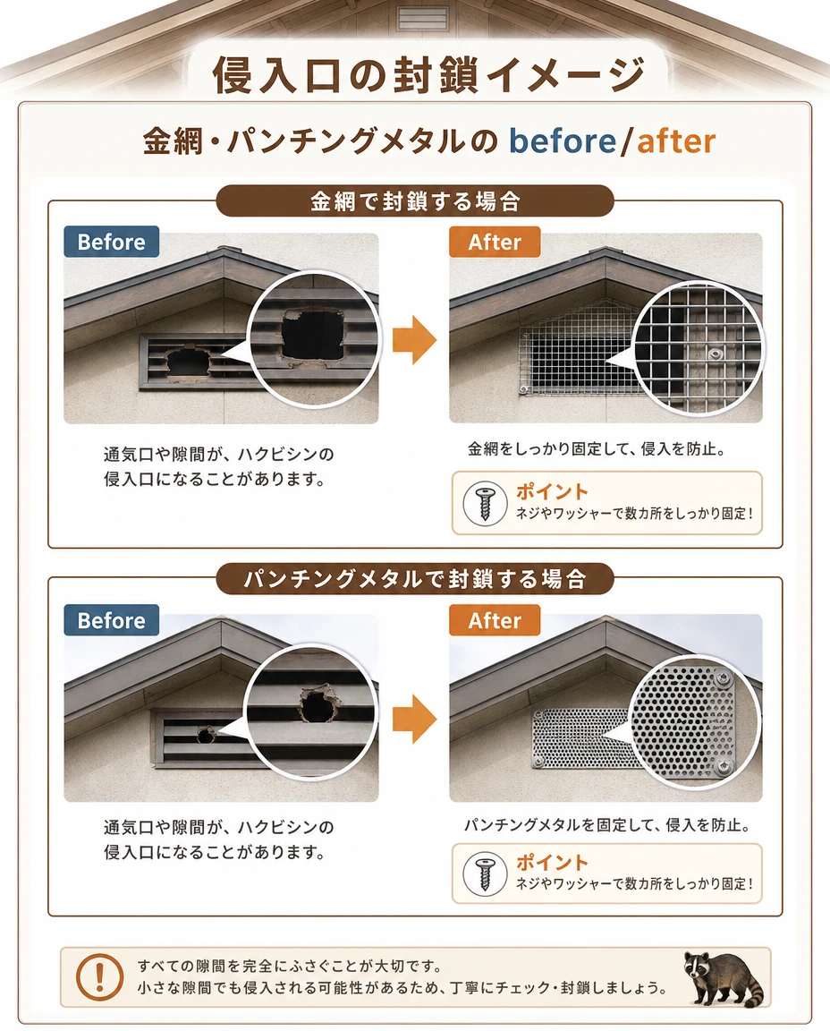 侵入口の封鎖イメージ：通気口の隙間を金網・パンチングメタルでネジとワッシャーで固定した before／after