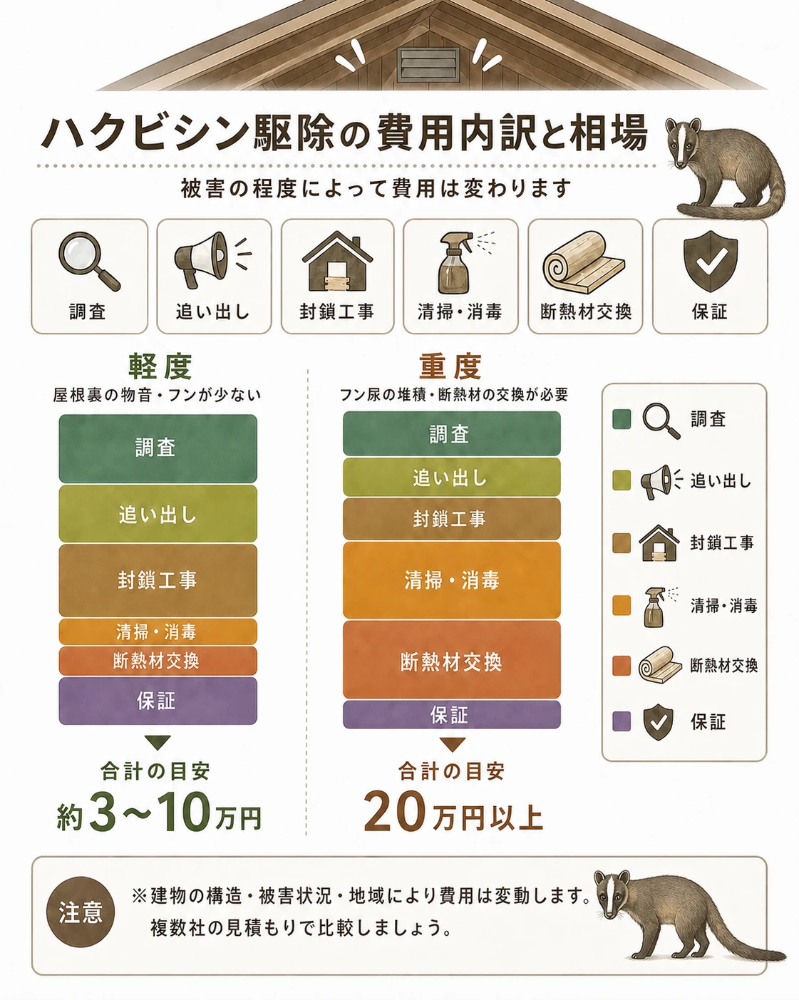 ハクビシン駆除の費用内訳と相場:調査・追い出し・封鎖工事・清掃消毒・断熱材交換・保証の積み上げ。合計の目安は軽度(屋根裏の物音・フンが少ない)約3〜10万円、重度(フン尿の堆積・断熱材の交換が必要)20万円以上