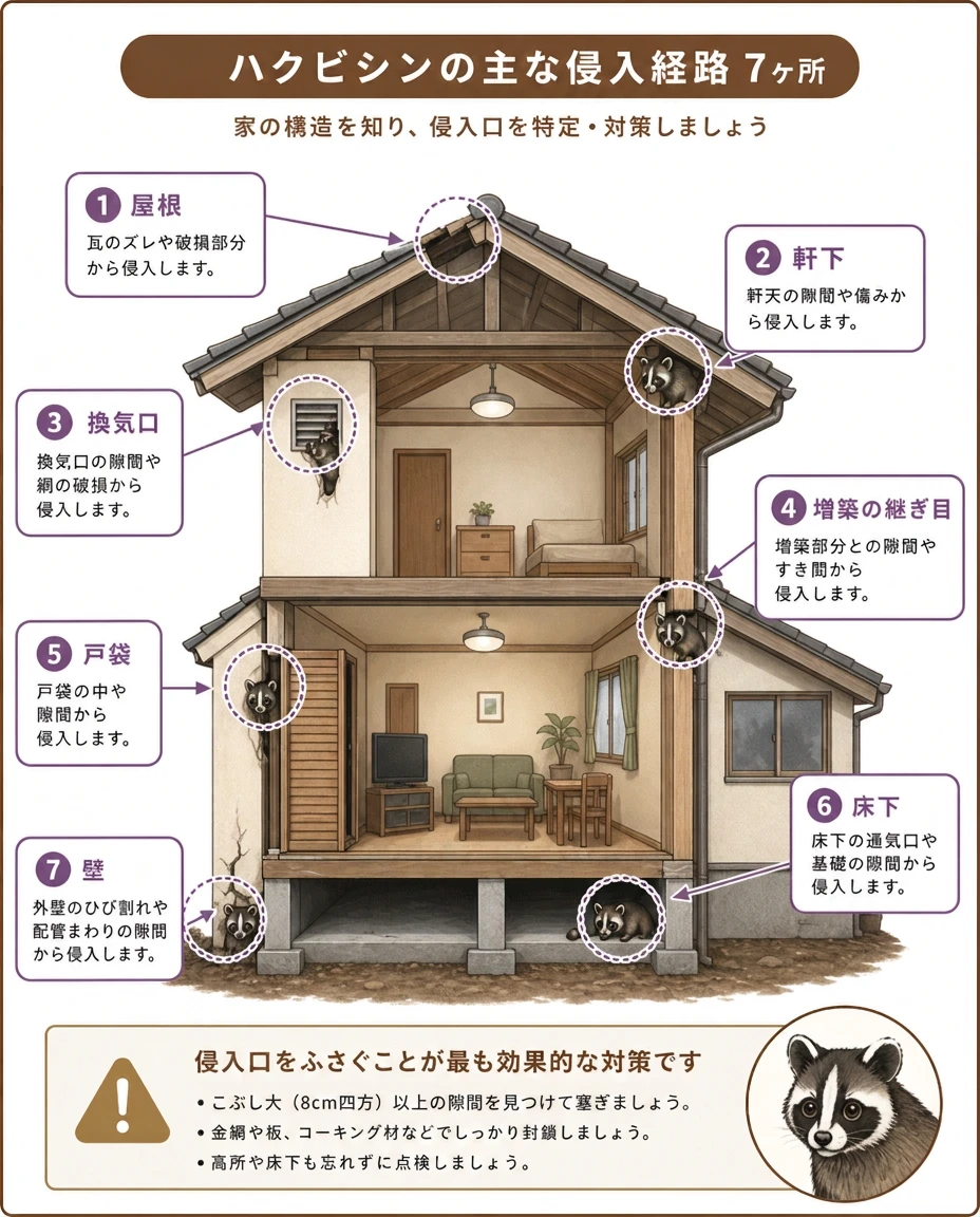 ハクビシンの主な侵入経路7か所:①屋根 ②軒下 ③換気口 ④増築の継ぎ目 ⑤戸袋 ⑥床下 ⑦壁を家の断面図に示した図