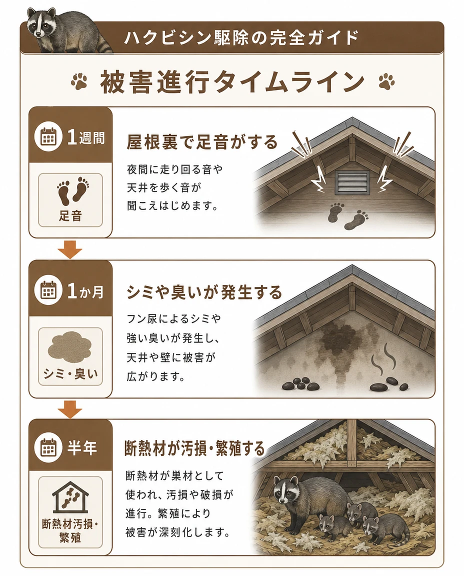 被害進行タイムライン：1週間で屋根裏の足音、1か月でフン尿によるシミや臭い、半年で断熱材の汚損と繁殖