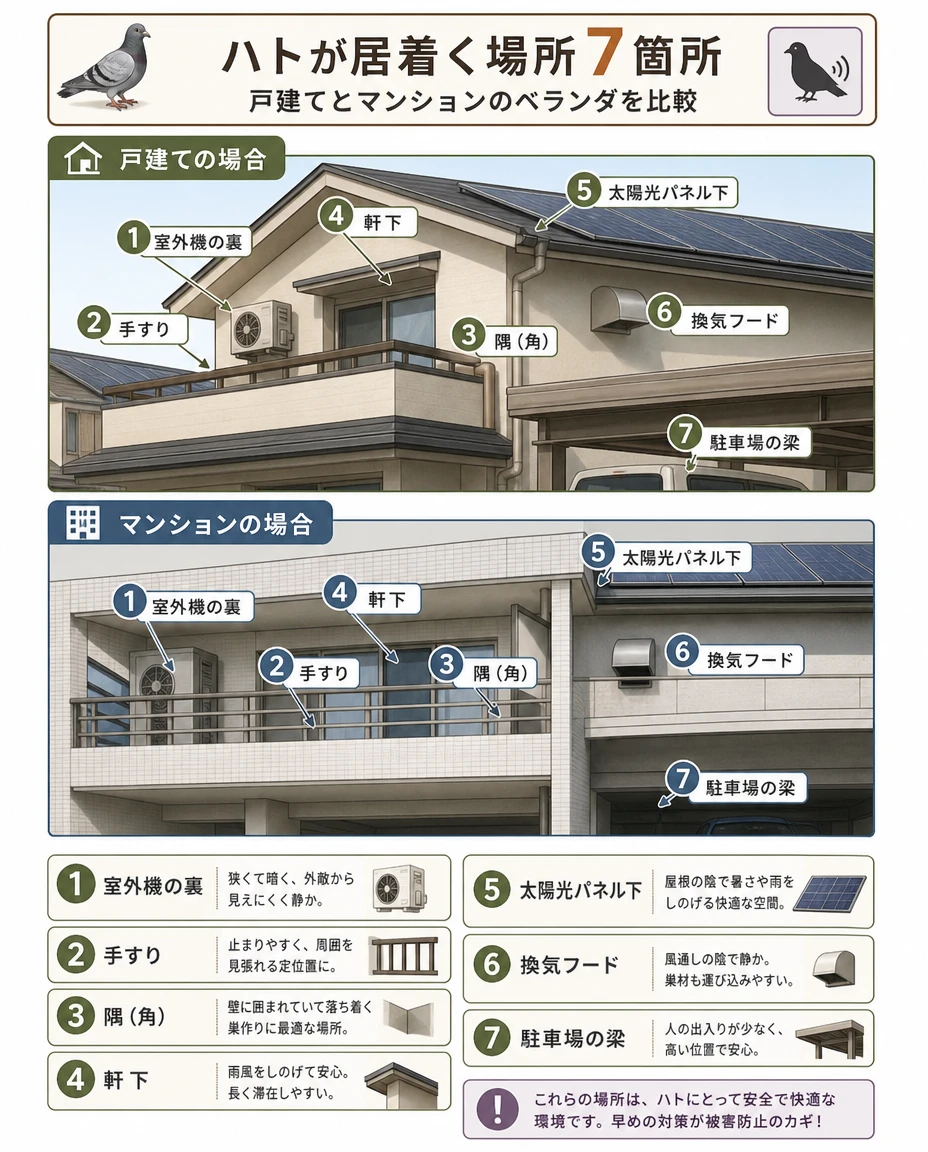ハトが居着く場所7か所:①室外機の裏 ②手すり ③隅(角)④軒下 ⑤太陽光パネル下 ⑥換気フード ⑦駐車場の梁を戸建てとマンションのベランダで比較した図