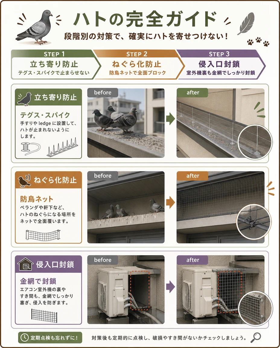 段階別の対策イメージ:立ち寄り防止(テグス・スパイク)、ねぐら化防止(防鳥ネット)、侵入口封鎖(室外機裏を金網で封鎖)の before/after