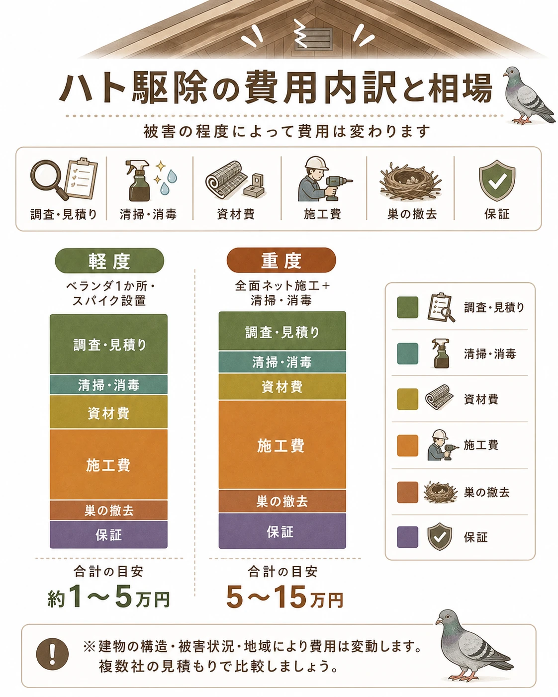 ハト駆除の費用内訳と相場：調査見積り・清掃消毒・資材費・施工費・巣の撤去・保証の積み上げ。合計の目安は軽度（ベランダ1か所・スパイク設置）約1〜5万円、重度（全面ネット施工＋清掃・消毒）5〜15万円