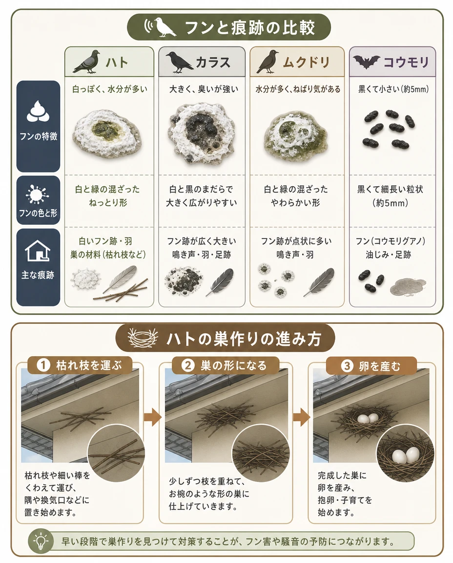 フンと痕跡の比較図：ハト（白っぽく水分が多い）・カラス（大きく臭いが強い）・ムクドリ（白と緑の混ざる小粒）・コウモリ（黒く小さい約5mm）と、ハトの巣作りの進み方（枯れ枝を運ぶ→巣の形になる→卵を産む）