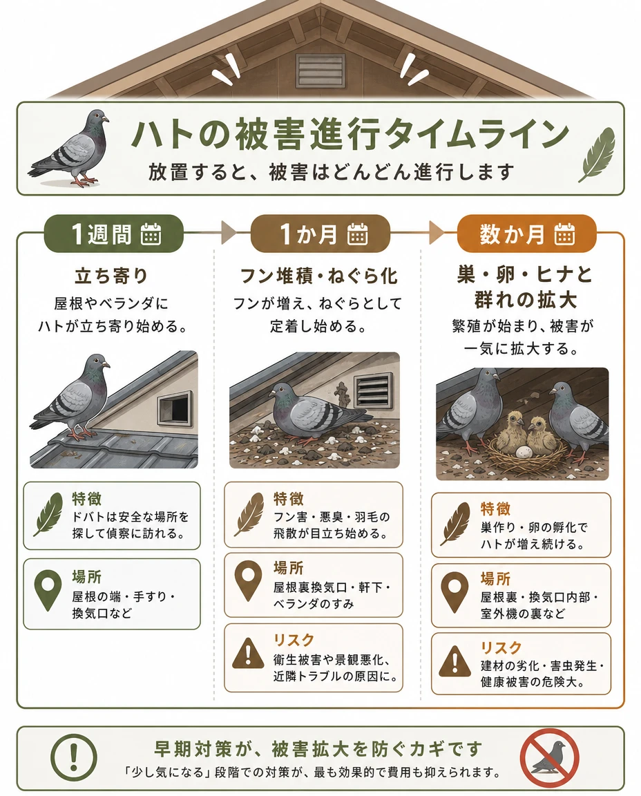 ハトの被害進行タイムライン：1週間で立ち寄り、1か月でフン堆積とねぐら化、数か月で巣・卵・ヒナと群れの拡大