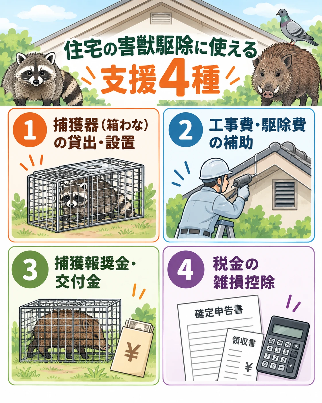住宅の害獣駆除に使える補助金4種|害獣駆除に補助金は使える?自治体制度の実態|捕獲器の貸出・工事費助成・雑損控除まで