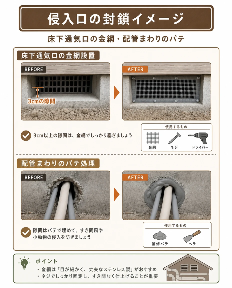 侵入口の封鎖イメージ:床下通気口に金網をネジで固定、配管まわりのすき間を補修パテで埋めた before/after