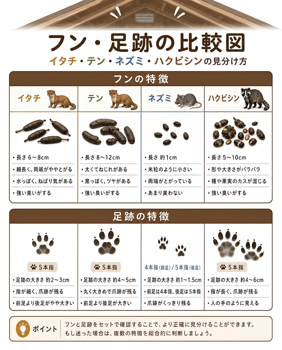 フン・足跡の比較図：イタチ・テン・ネズミ・ハクビシンのフンの長さや特徴と、足跡の指の数・大きさの見分け方