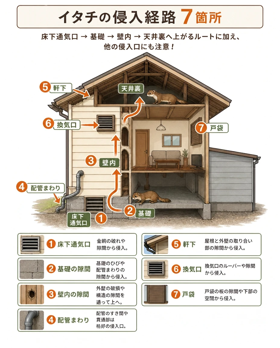 イタチの侵入経路：床下通気口→基礎→壁内→天井裏へ上がるルートと、配管まわり・軒下・換気口・戸袋・増築の継ぎ目を家の断面図に示した図