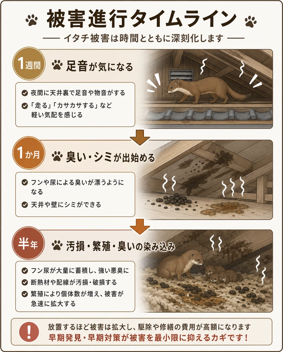 被害進行タイムライン:1週間で天井裏の足音、1か月でフン尿の臭いとシミ、半年で汚損・繁殖・臭いの染み込み