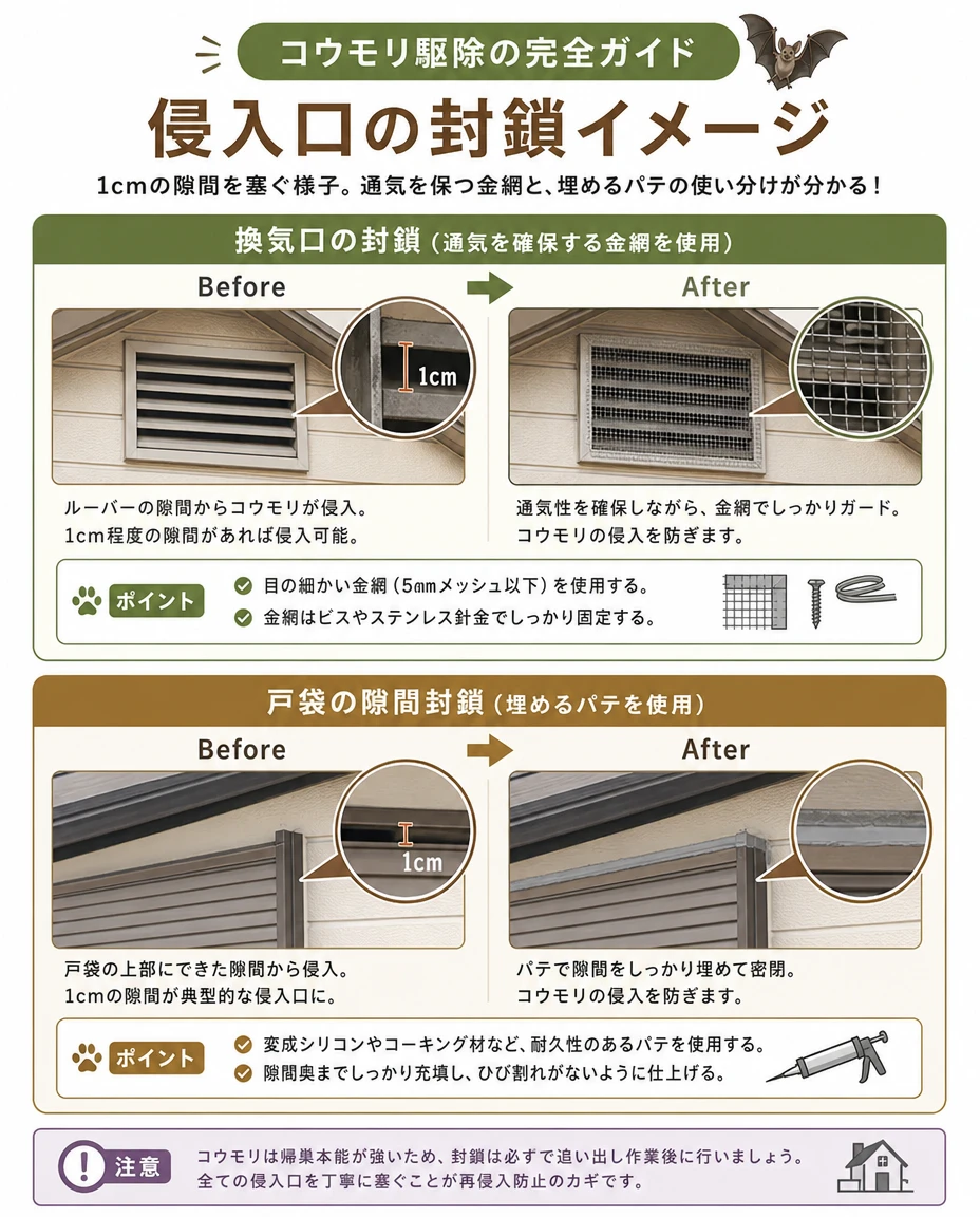 侵入口の封鎖イメージ：換気口は通気を保つ目の細かい金網（5mmメッシュ以下）、戸袋の1cmの隙間は変成シリコンなどのパテで埋める before／after