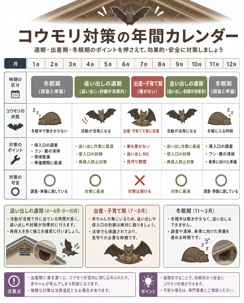 コウモリ対策の年間カレンダー：冬眠期（11〜3月）は調査と準備、追い出しの適期は4〜6月と9〜10月、出産・子育て期（7〜8月）は追い出しを避ける
