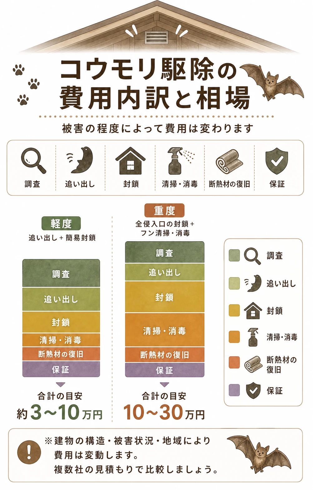コウモリ駆除の費用内訳と相場:調査・追い出し・封鎖・清掃消毒・断熱材の復旧・保証の積み上げ。合計の目安は軽度(追い出し+簡易封鎖)約3〜10万円、重度(全侵入口の封鎖+フン清掃・消毒)10〜30万円