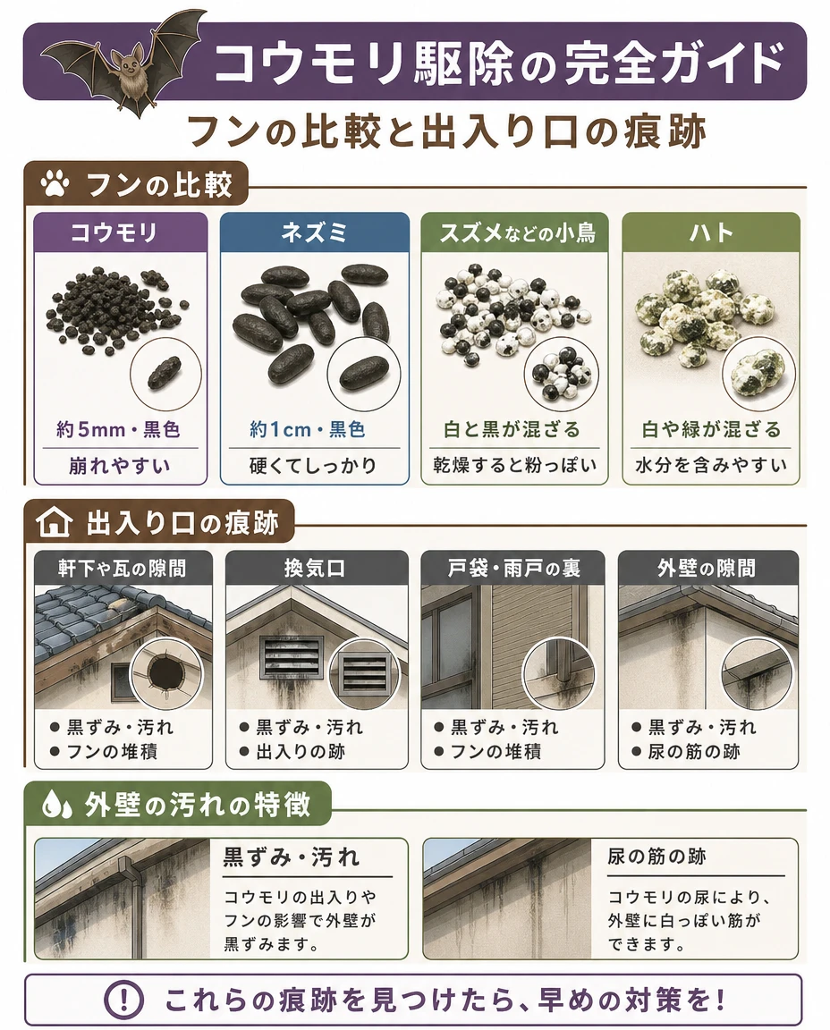 フンの比較図(コウモリ約5mm黒色で崩れやすい/ネズミ約1cm硬い/スズメ白と黒が混ざる/ハト白と緑が混ざる)と、軒下・換気口・戸袋・外壁の黒ずみや尿の筋など出入り口の痕跡