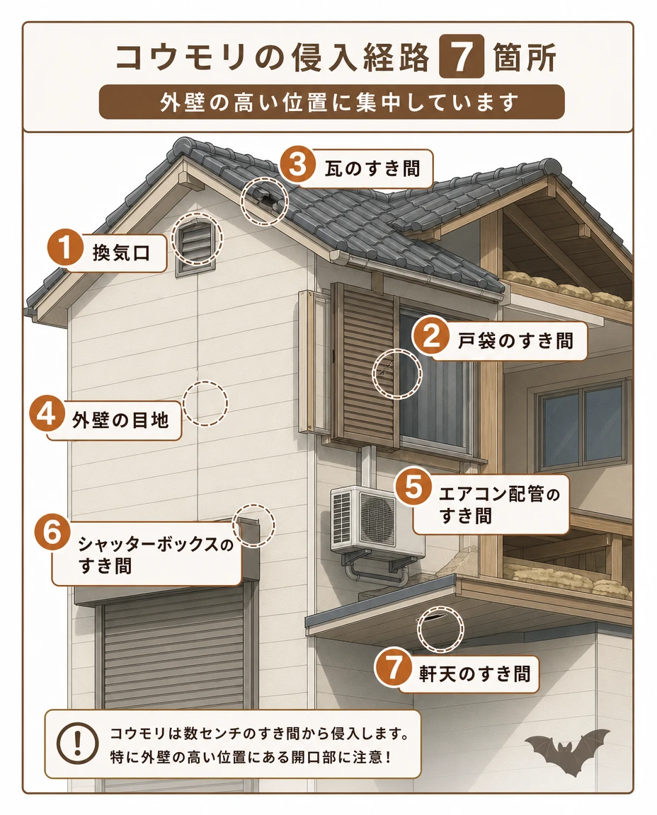 コウモリの侵入経路7か所：①換気口 ②戸袋のすき間 ③瓦のすき間 ④外壁の目地 ⑤エアコン配管のすき間 ⑥シャッターボックスのすき間 ⑦軒天のすき間。外壁の高い位置に集中