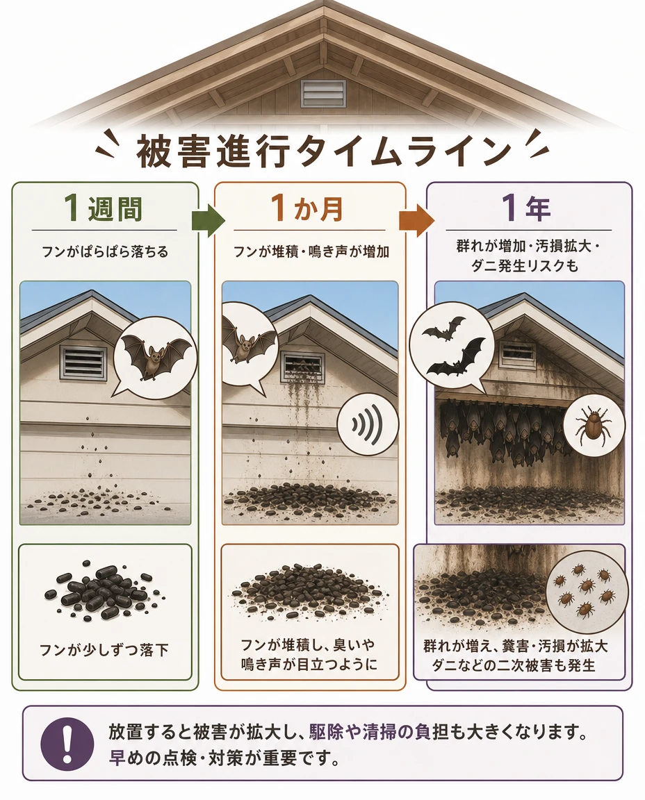 被害進行タイムライン：1週間でフンがぱらぱら落ちる、1か月でフンの堆積と鳴き声の増加、1年で群れの増加・汚損の拡大・ダニ発生