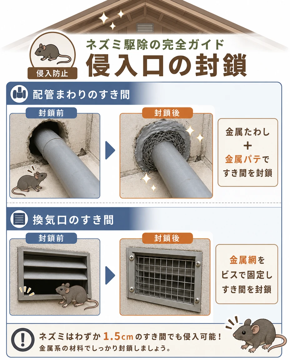 侵入口の封鎖イメージ：配管まわりのすき間を金属たわしと金属パテで、換気口のすき間を金属網のビス固定で封鎖した before／after。ネズミは1.5cmのすき間でも侵入する