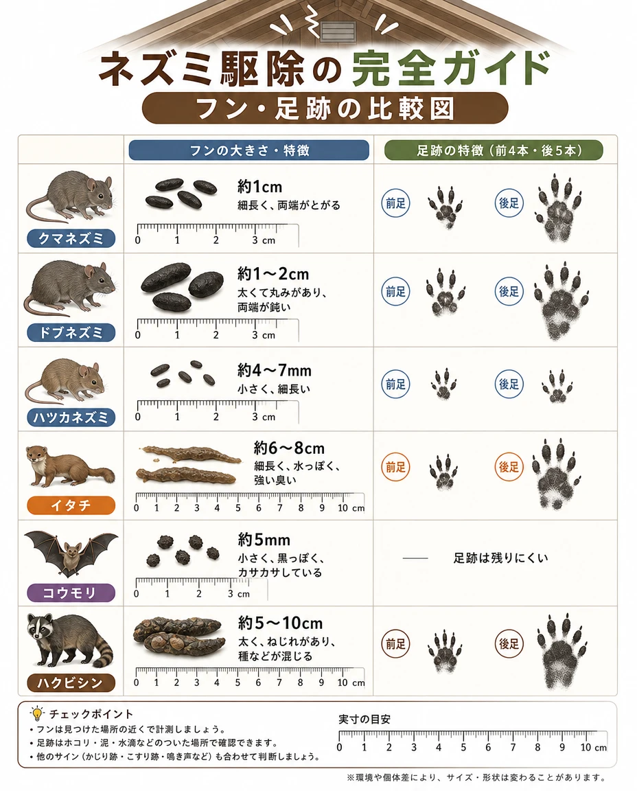 フン・足跡の比較図:クマネズミ・ドブネズミ・ハツカネズミ・イタチ・コウモリ・ハクビシンのフンの大きさと特徴、前足4本・後足5本の足跡