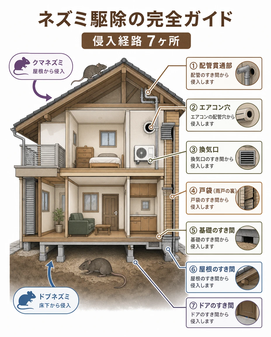 ネズミの侵入経路7か所：①配管貫通部 ②エアコン穴 ③換気口 ④戸袋 ⑤基礎のすき間 ⑥屋根のすき間 ⑦ドアのすき間を家の断面図に示した図（クマネズミは屋根から、ドブネズミは床下から侵入）