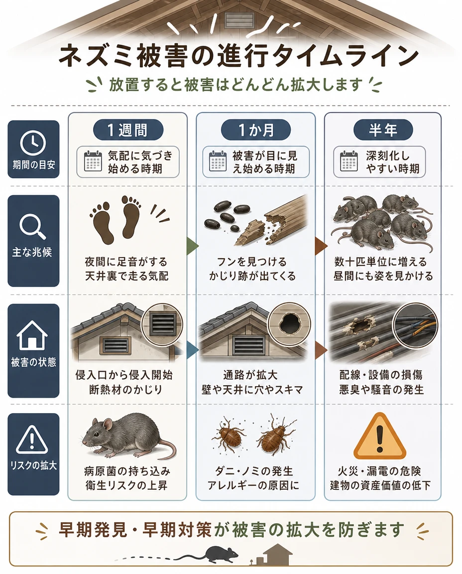 ネズミ被害の進行タイムライン:1週間で天井裏の足音、1か月でフンやかじり跡と壁の穴、半年で数十匹に増え配線の損傷や火災・漏電の危険