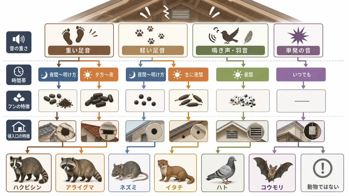 「重い足音／軽い足音／鳴き声・羽音／単発の音」から始まり、6獣種＋「動物ではない」に着地する
