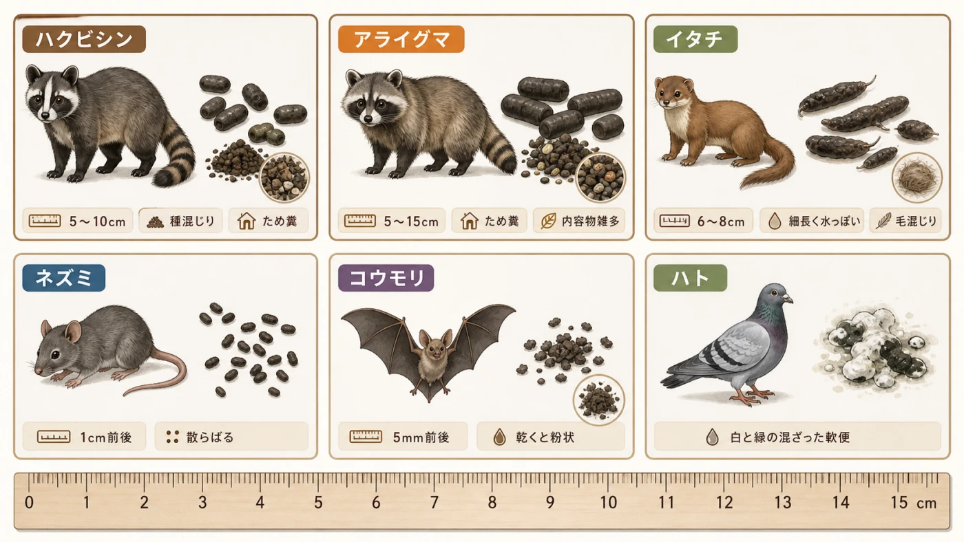 定規付き。ハクビシン（5〜10cm・種混じり・ため糞）／アライグマ（5〜15cm・ため糞・内容物雑多）／イタチ（6〜8cm・細長く水っぽい・毛混じり）／ネズミ（1cm前後・散らばる）／コウモリ（5mm前後・乾くと粉状）／ハト（白と緑の混ざった軟便）