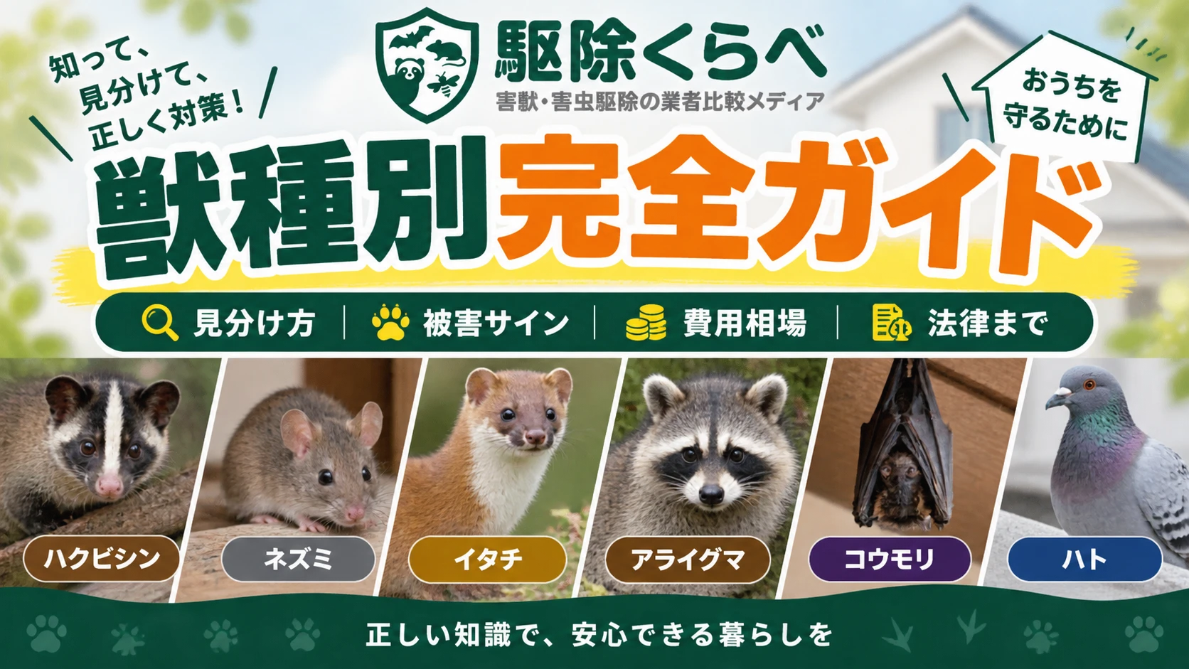 獣種別完全ガイド【見分け方・被害サイン・費用相場・法律までわかる】｜駆除くらべ（害獣・害虫駆除の業者比較メディア）